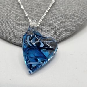 Blue Heart Glass Pendant Necklace With 20" Silvertone Chain